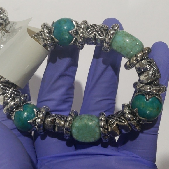 Elegant Silver tone & Turquoise Beads Bracelet and Earring Set - Women's Jewelry - Picture 6 of 6